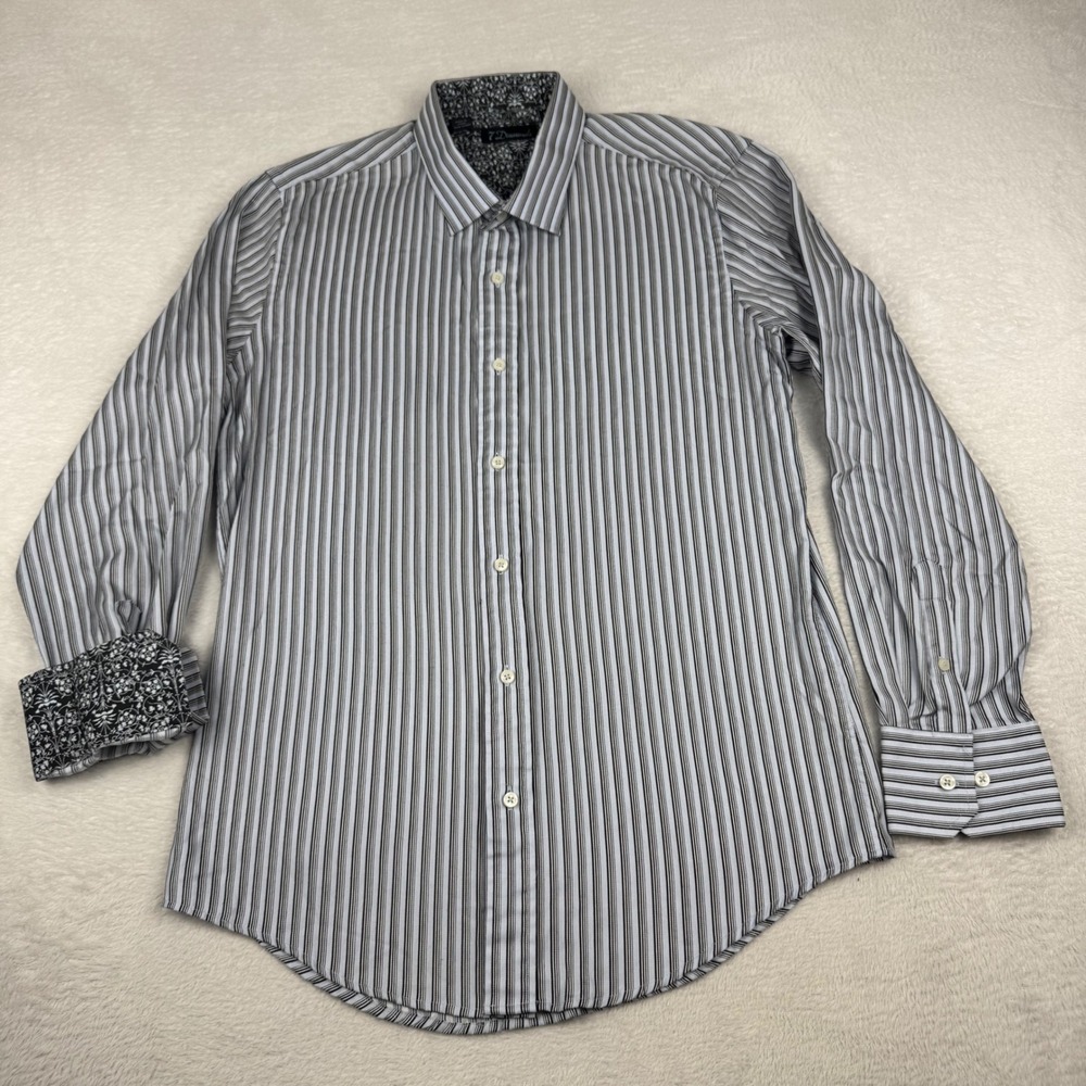 7 Diamonds Button Up Shirt Men Medium Blue White Black Striped Fun Contrast Cuff